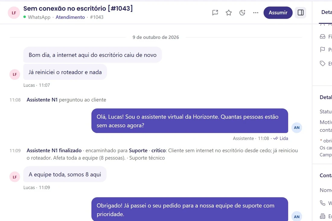 Assistente N1 fazendo uma pergunta ao cliente e encaminhando o atendimento com prioridade