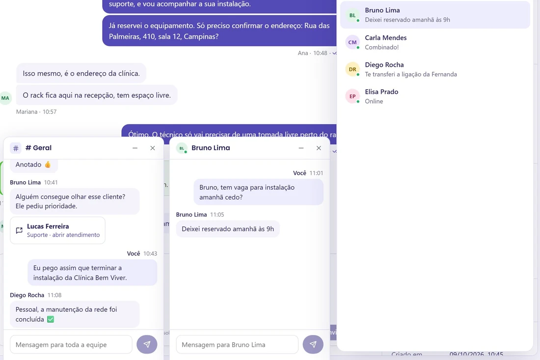 Janelas do chat da equipe com o canal geral e uma conversa direta