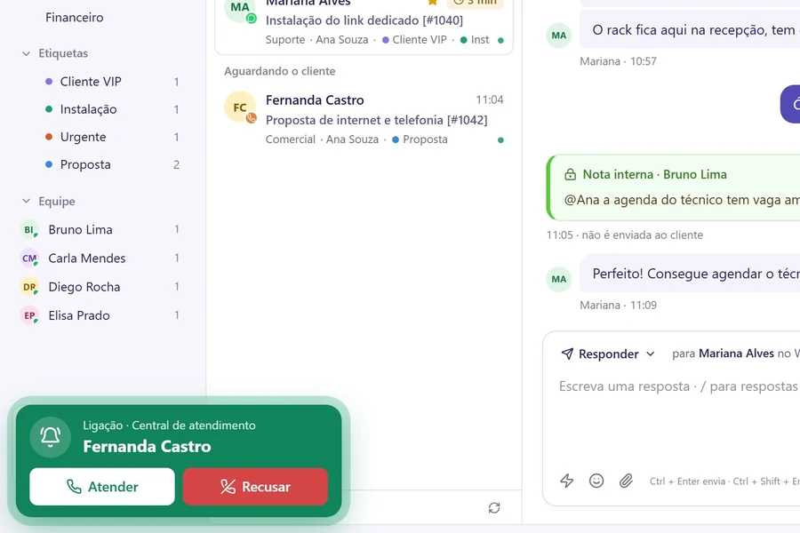 Aviso de ligação chegando com os botões Atender e Recusar